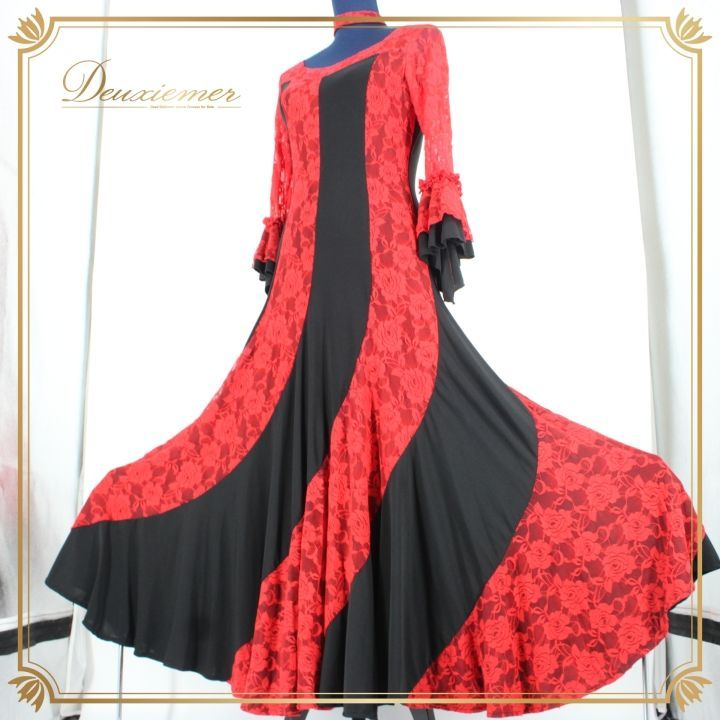 社交ダンス 衣装 スタンダード ドレス ワンピース パーティ衣装 女性用 レディース オールシーズン 赤 黒 prima boutique プリマブティック ブラック系 レッド系 花柄 レース チョーカー 大人かわいい バイカラー 洗練 存在感 ファスナー