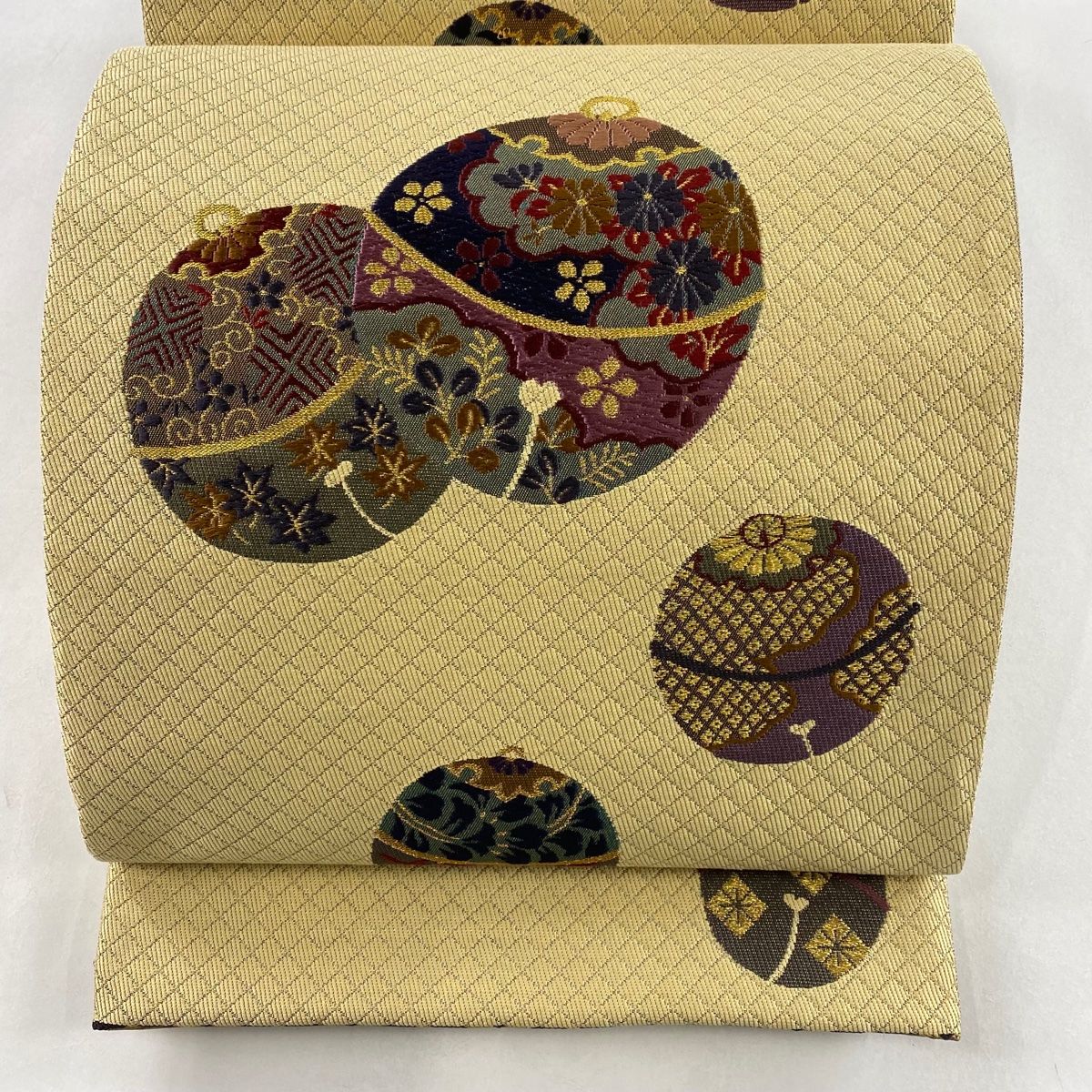 袋帯 秀品 鈴 菊 金糸 箔 ベージュ 六通 正絹