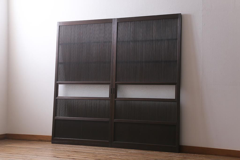 万本格子戸2枚セット 結霜ガラス アンティーク 建具 R-041227