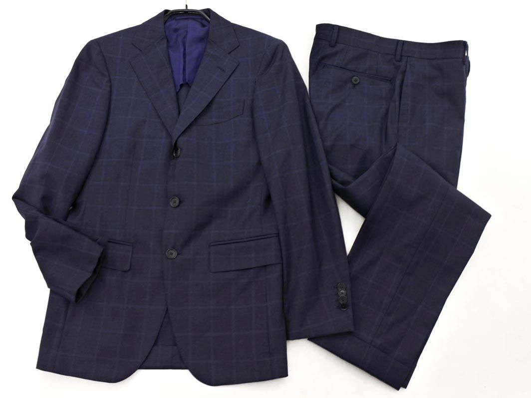 BEAMS F ビームスF チェック セットアップ ジャケット パンツ スーツ size42 濃紺 ◎メンズ