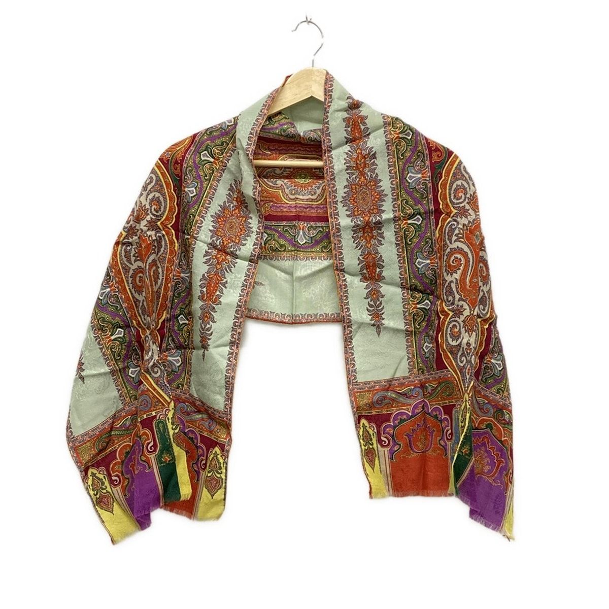 ETRO エトロ ストール ショール - ライトグリーン×オレンジ×マルチ ペイズリー柄 ウール シルク