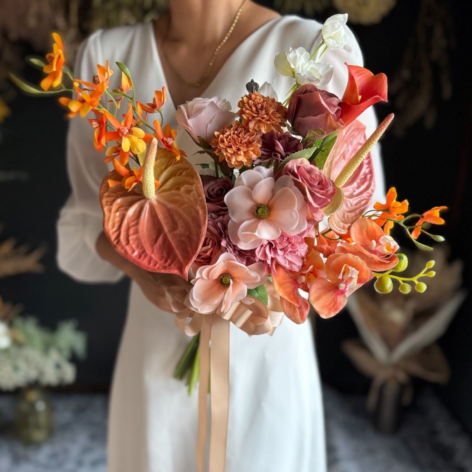 テラコッタカラー♡胡蝶蘭♡オレンジ♡クラッチブーケ＆ブートニア