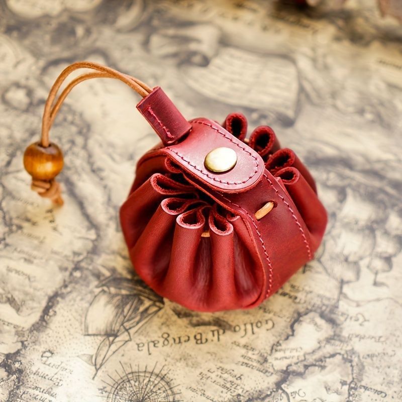 レザー コインケース ヴィンテージ おしゃれ トップグレインフェイクレザーコインパース ビーズハンドル付き ドローストリングポーチ エッジペイントなし 収納バッグ フェイクレザーパース 小銭入れ ブラック ブラウン ダークブラウン グリーン レッド ブルー お出かけ用 夏コーデ