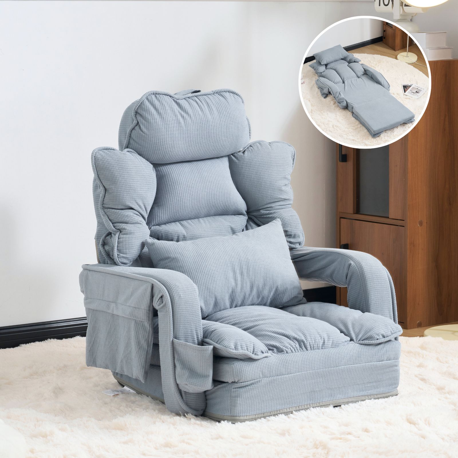 11%割 座椅子 ソファー ソファーベッド 可愛らしいデザイン 90°~180°角度調節 42段調整 2WAY 1人掛け折りたたみ フロアソファー 寝る 座る 幅最大165㎝ 枕付き 収納ポケット付きドリンクホルダーポケット付き