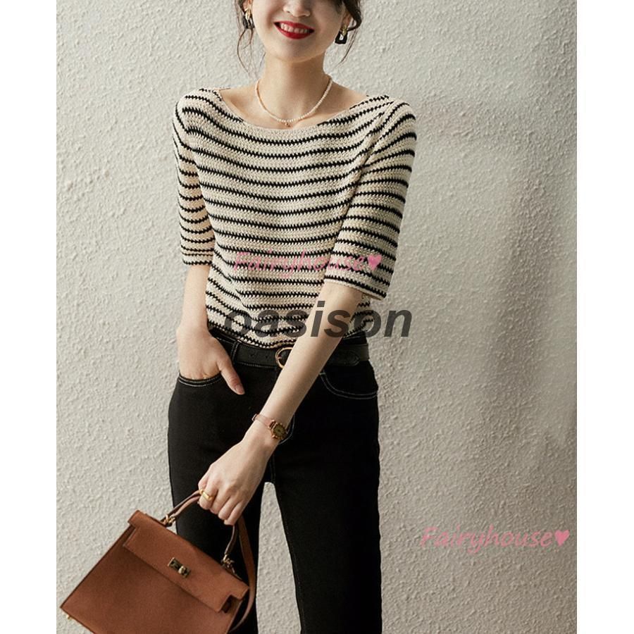 Tシャツ レディース 春夏新作 40代 半袖 ニットトップス キラキラ ボーダー柄 Tシャツ  レションニットソー 薄手 ショット丈 ゆったりカットソー おしゃれ 大人 Tシャツ レディース 春夏新作 40代 半袖 ニットス ボーダー柄T