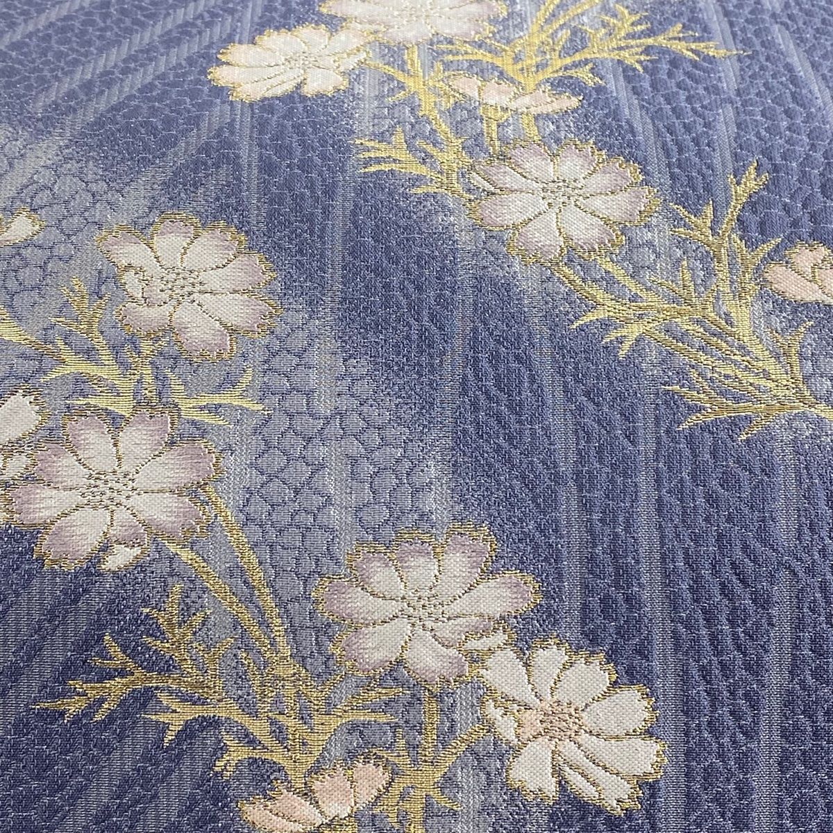 袋帯 美品 名品 落款 やまと 草花 縞 金糸 箔 青灰色 お太鼓柄