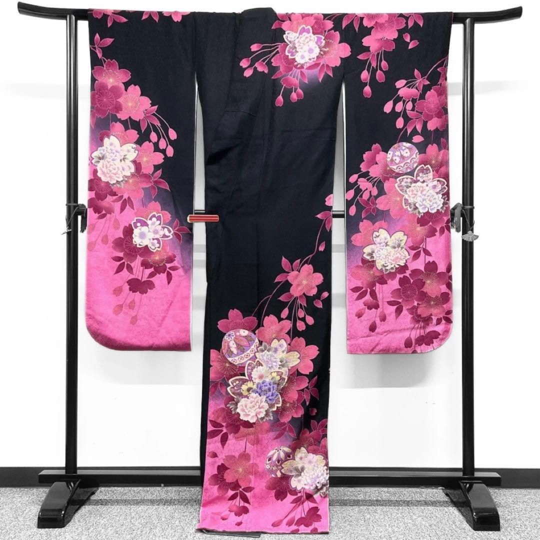 優先配送 振袖牡丹枝垂れ桜鞠晴れの日成人式ブラック系着物044w d 着物・浴衣