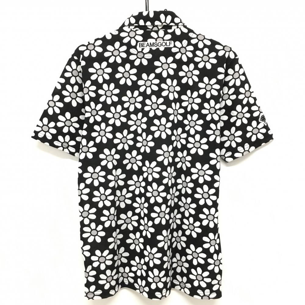 超美品】ビームスゴルフ 半袖ポロシャツ 黒×白 花柄 胸元ロゴ