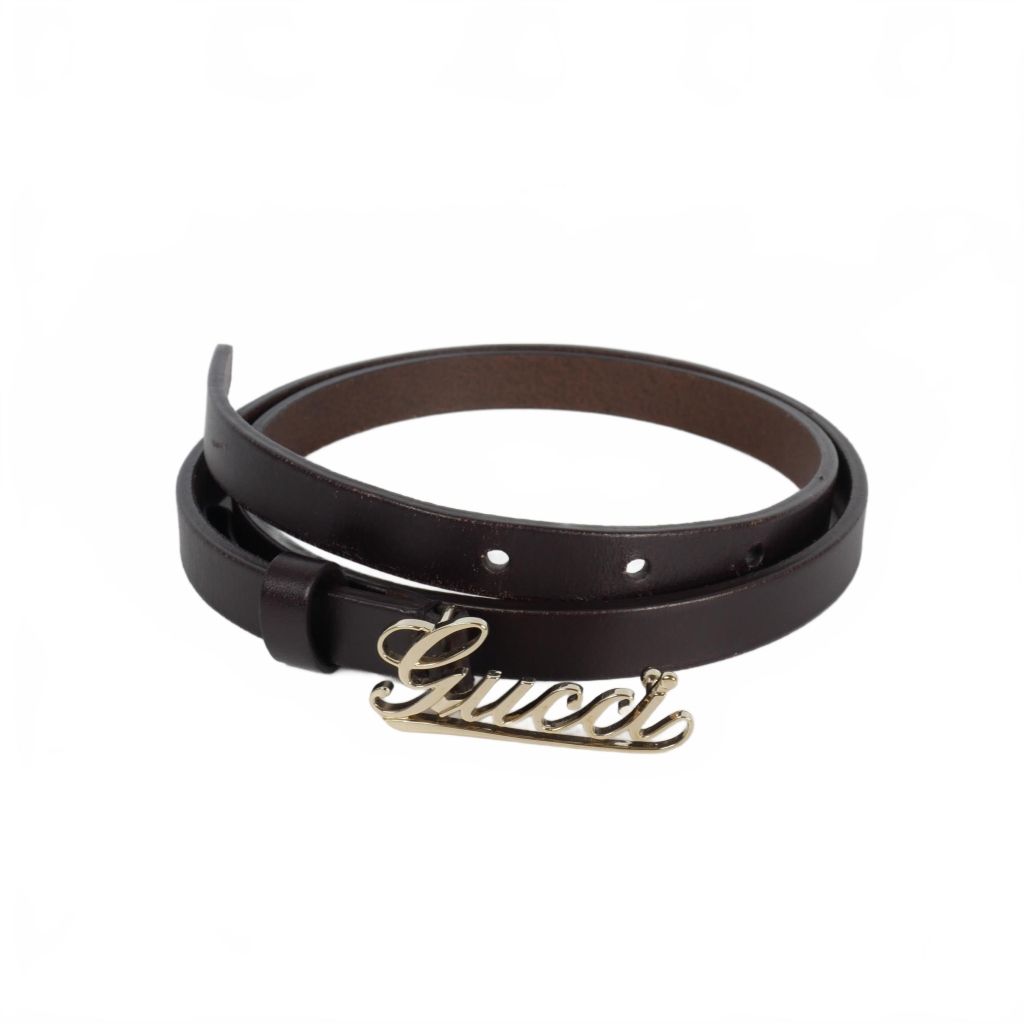 グッチ GUCCI 筆記体 ロゴ バックル ナロー ベルト レザー 85 茶