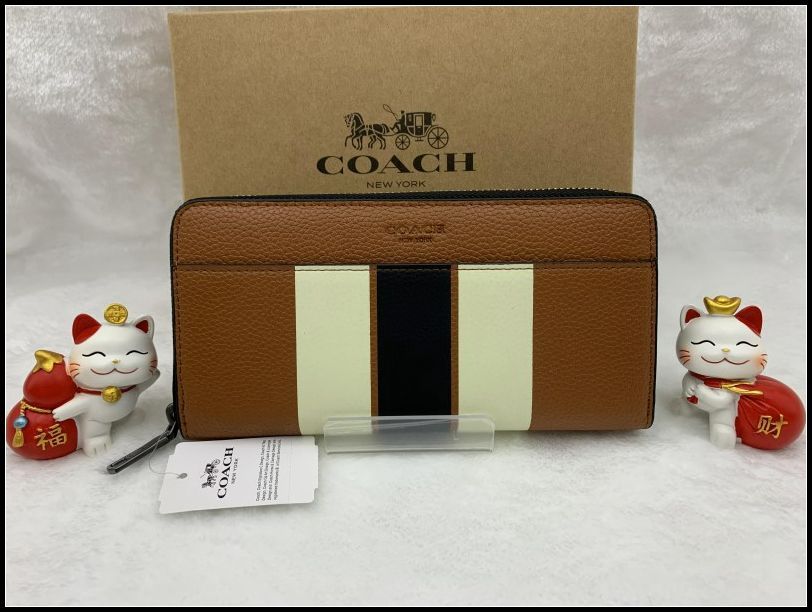 COACH 長財布 コーチ 財布 ダークサドルブラウン メンズレディース  ストライプブランド 大容量 誕生日 プレゼント 贈り物  ギフトラウンドファスナーウォレット ロング ジップ 新品 未使用 ファッション F75395 A299Z-7