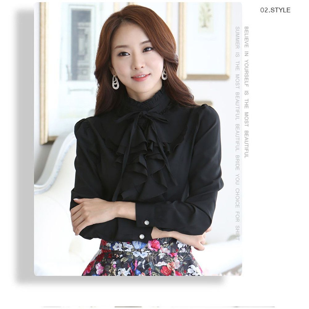 リボンタイ付き立ち襟長袖ブラウス（黒） ブラウスレディース 立ち襟 長袖ブラウス 新作 リボン付き