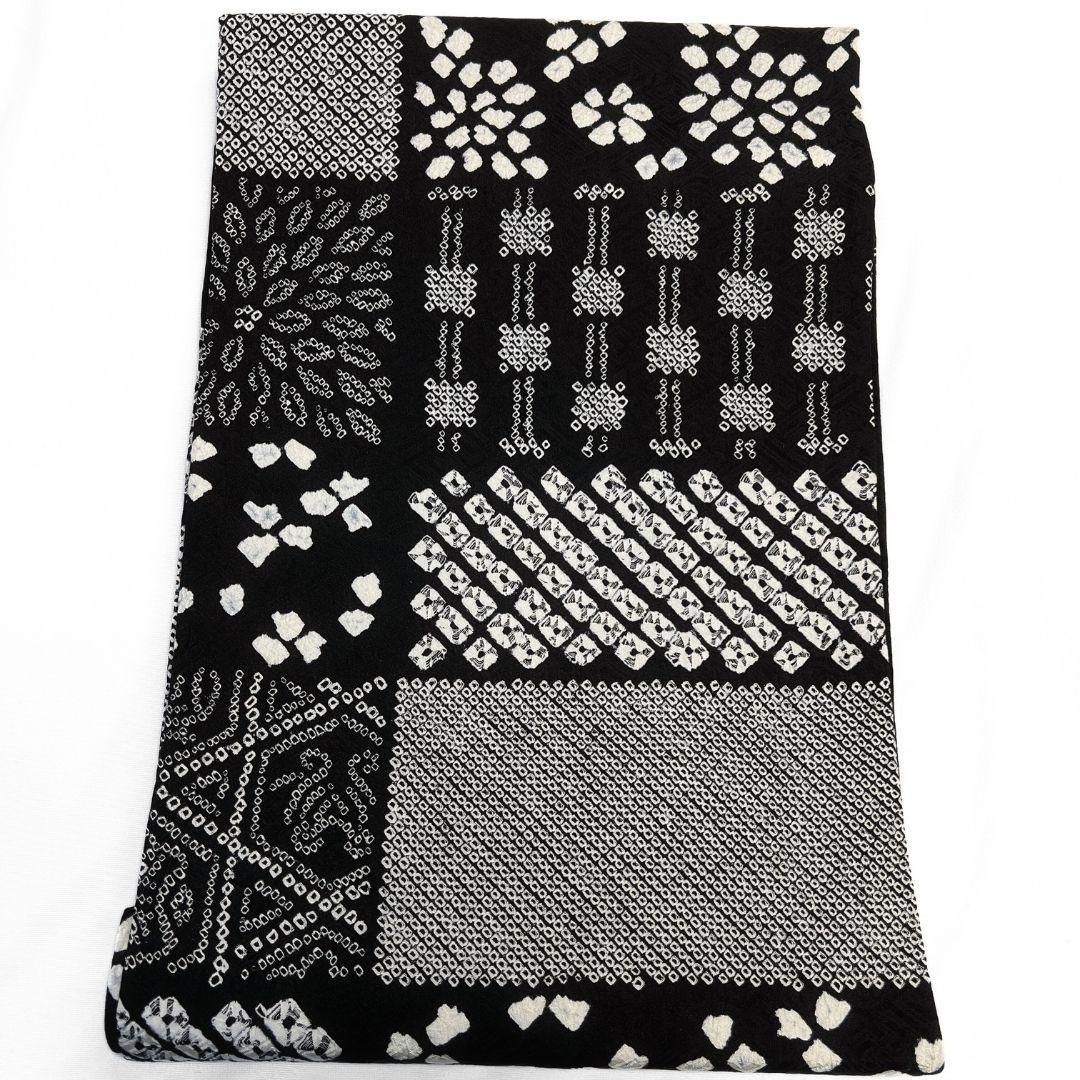 名古屋帯 きぬたや 総絞り 絞り 菊 籠目 市松 モノトーン 着物 082a u