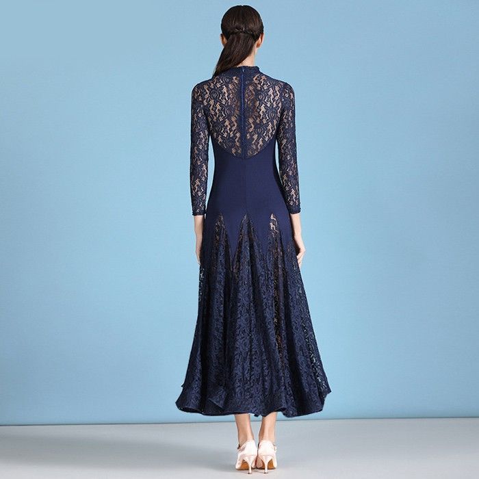 高品質 社交ダンス ドレス 社交ダンス衣装 長袖 初心者 練習着 レース ハイネック 広がる裾 発表会用 ワンピース パーティー スタンダード レッスン着 発表会 競技着 演出用 開場ドレス ワルツ ドレス ロング丈 オールシーズン ネイビー USTAUSTRALIA_COM_AU