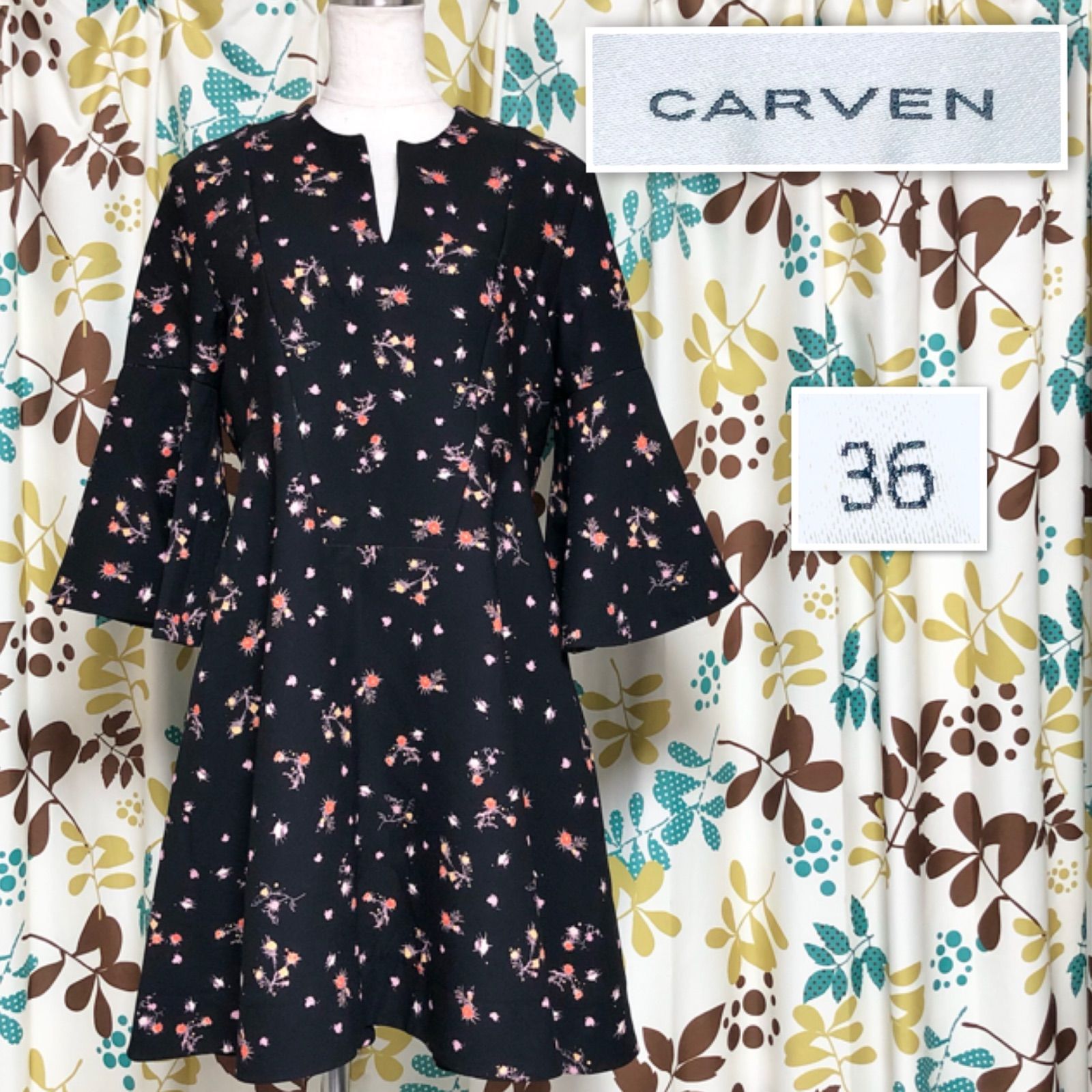 □美品□CARVEN カルヴェン 花柄フレアワンピース 七分袖 袖切り替え 