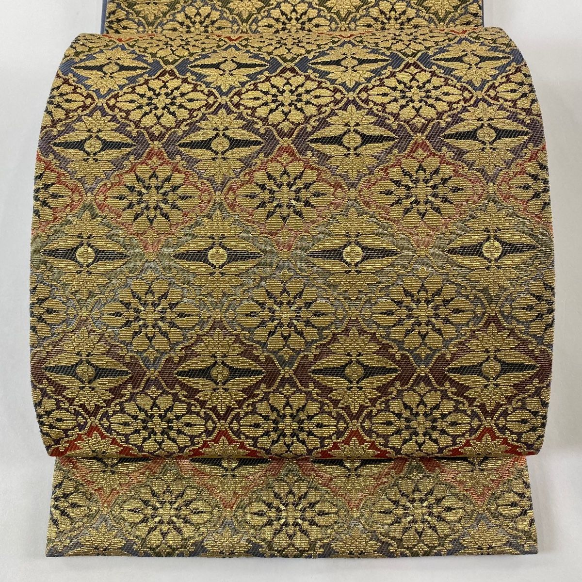 袋帯 美品 名品 花 幾何学模様 輪奈織 金糸 灰色 六通 正絹