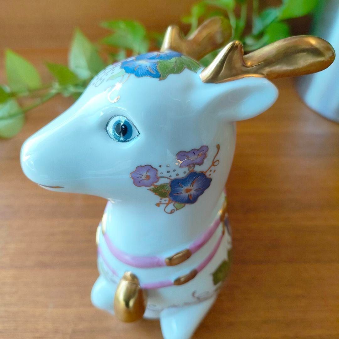 美品★フランクリンミント バンビ 鹿 花模様 陶器 置物 金彩 フィギュリン 美品☆フランクリンミント バンビ 鹿 花模様 陶器 置物 金彩
