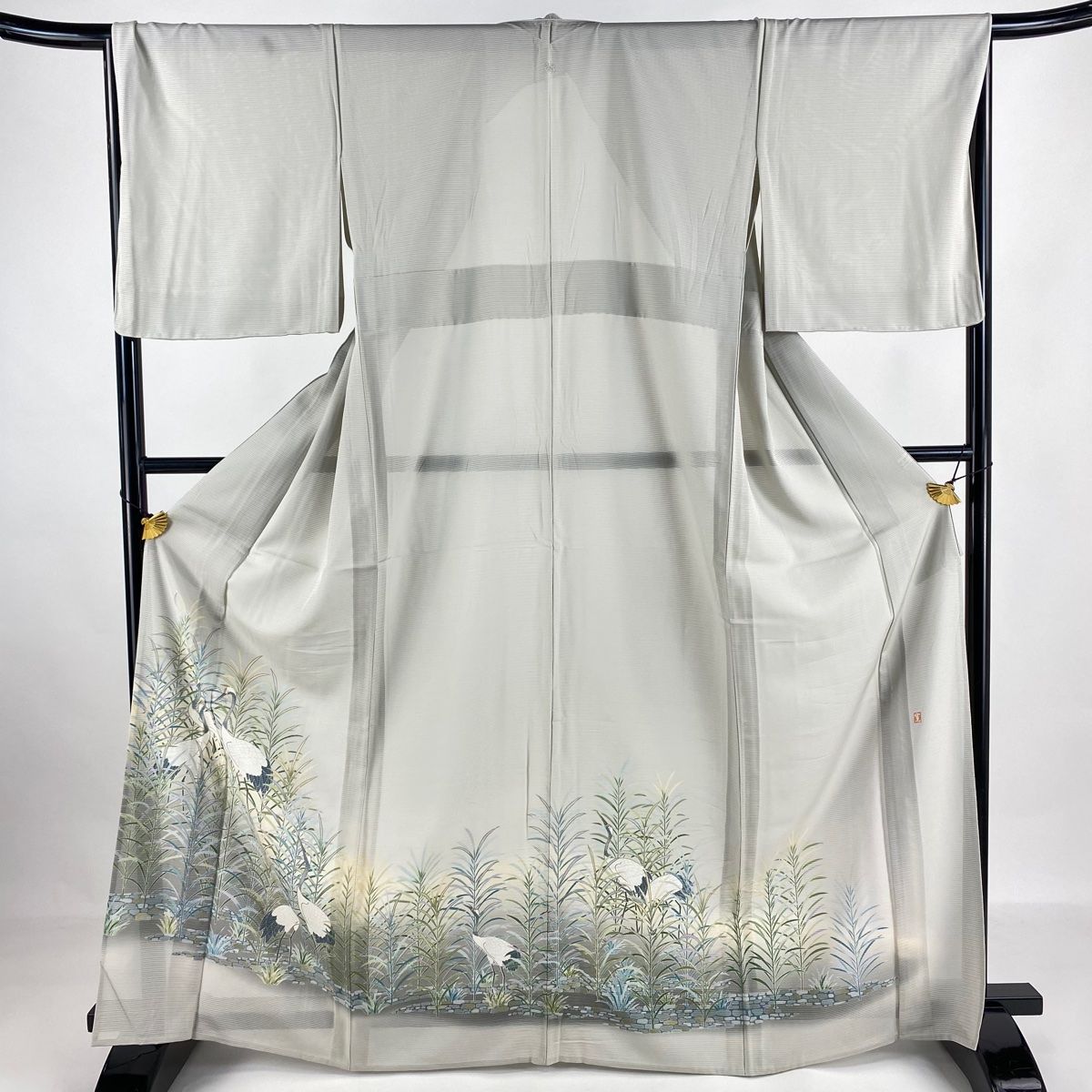色留袖 身丈167cm 裄丈67cm M 薄物 絽 落款 鶴 葉柄 金彩 ぼかし 灰色 正絹 秀品 一つ紋
