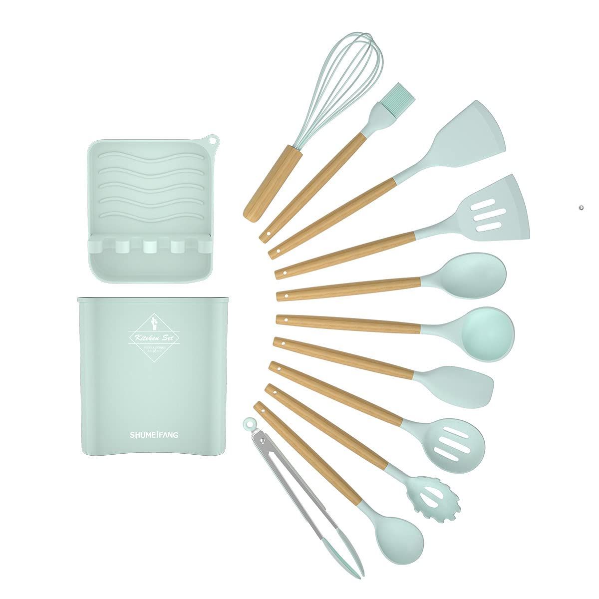 SHUMEIFANG キッチンツール 調理器具 13点セット キッチン用品 木製キッチンツール クッキングツール お玉置き 料理 フライ返し おたま トング ヘラ 泡立て器 ブラシ スパチュラ パスタサーバー レードル ターナー スプーン 食器セッ