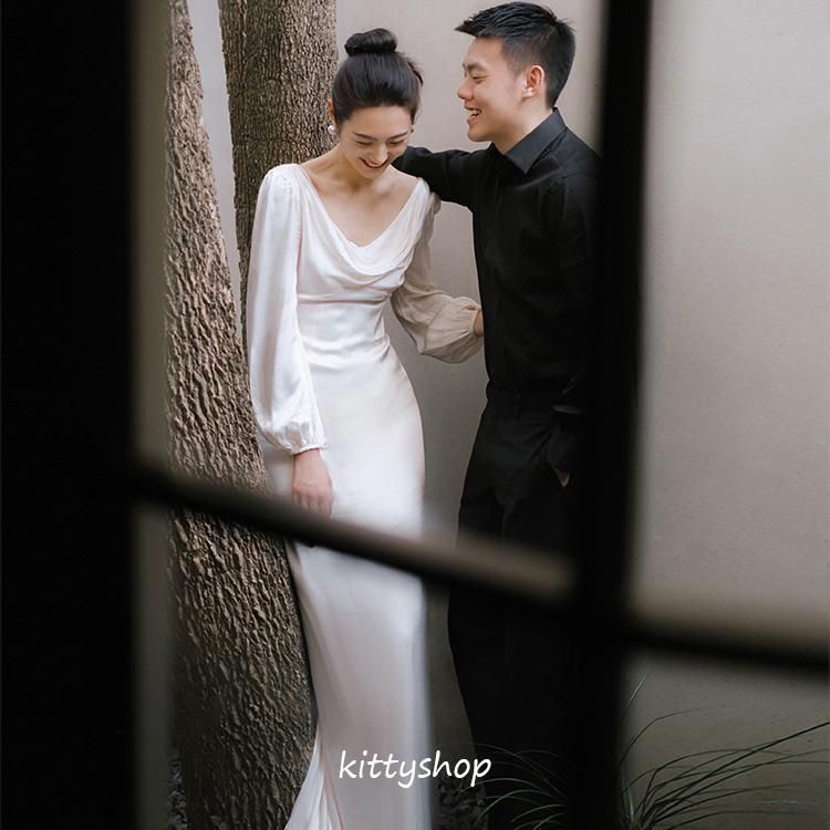 ウェディングドレス 白 サテン 二次会ドレス マーメイドドレス 長袖  