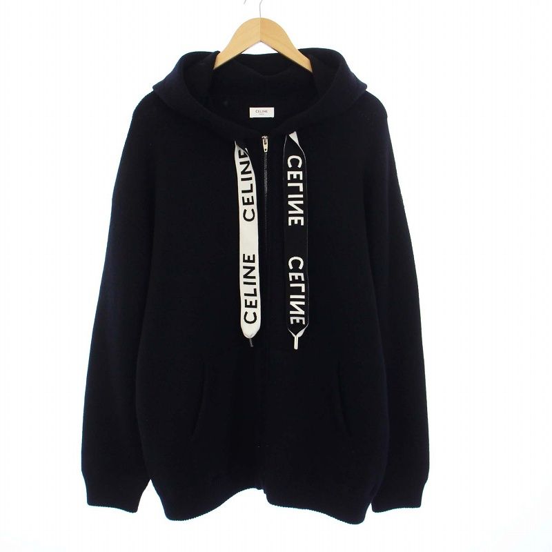 CELINE 黒 ジップアップパーカー CELINE ブラック フード付きパーカー