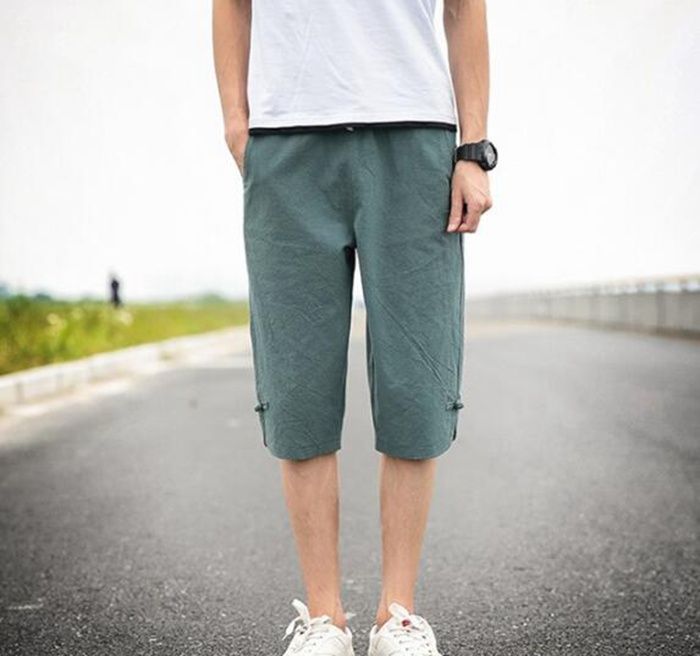 ハーフパンツ リネンパンツ 綿麻 七分パンツ 膝丈 薄手 無地