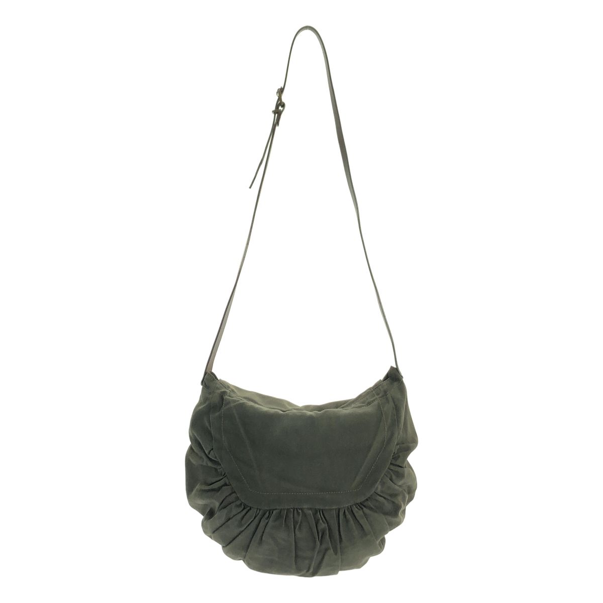 DRIES VAN NOTEN ドリスヴァンノッテン レザー ギャザー キャンバス ショルダーバッグ カーキ系 レディース