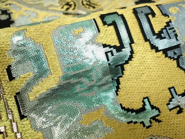 平和屋本店□最高級 龍村平蔵製 六通柄 本袋帯 円文白虎錦 黒地 金銀糸