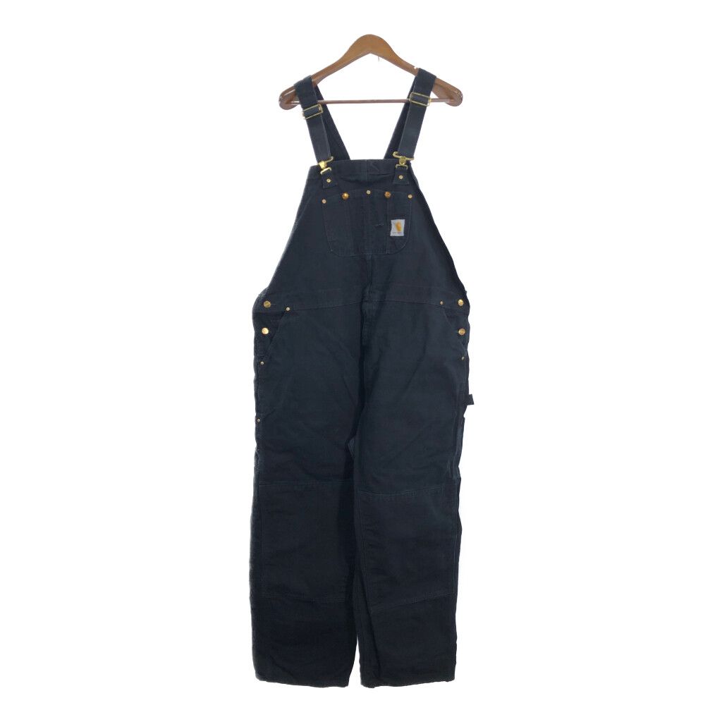 90年代 USA製 Carhartt カーハート ダック ダブルニー ビブオーバーオール 大きいサイズ ブラック (メンズ W56 L30) 中古 古着 R3013