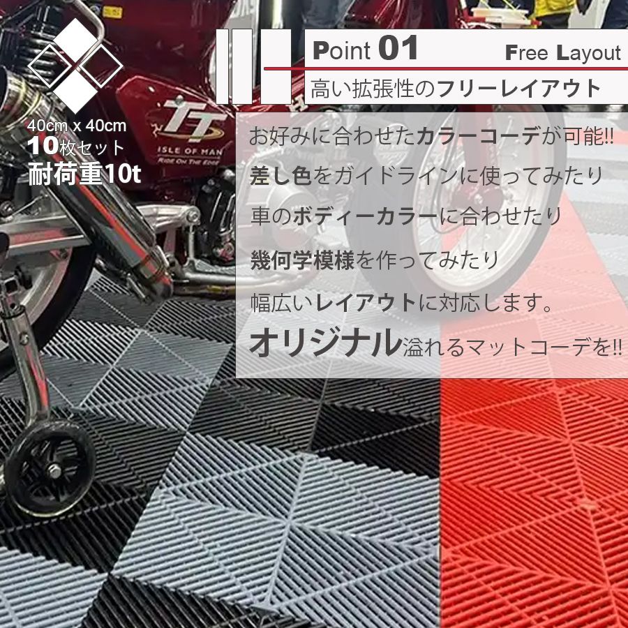 ガレージタイル ガレージマット 10枚セット 40cm×40cm×1.8cm はめ込み 置き敷き バイク 車 駐車場 屋外 屋内 ガーデニング 軽量  ショールーム 倉庫 テラス フロアタイル ジョイント フロアデッキ エクステリア NP-017 区分60S - メルカリ