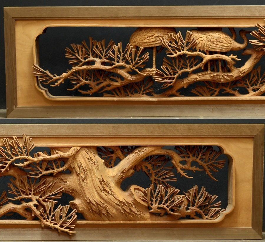 蔵A5465 建具 彫刻欄間 松に舞鶴 昭峰謹刻 一対 古民家座敷