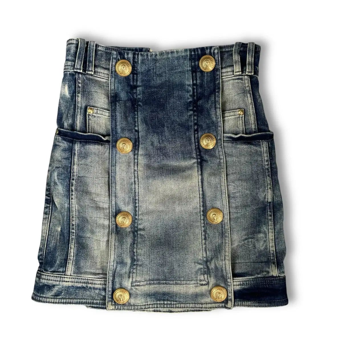 バルマン GOLD ボタン ハイウエスト ウォッシュ デニム ミニ スカート