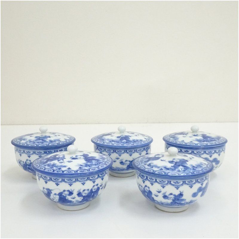 三河内焼 平戸雅松造 染付七人唐子図煎茶碗5客