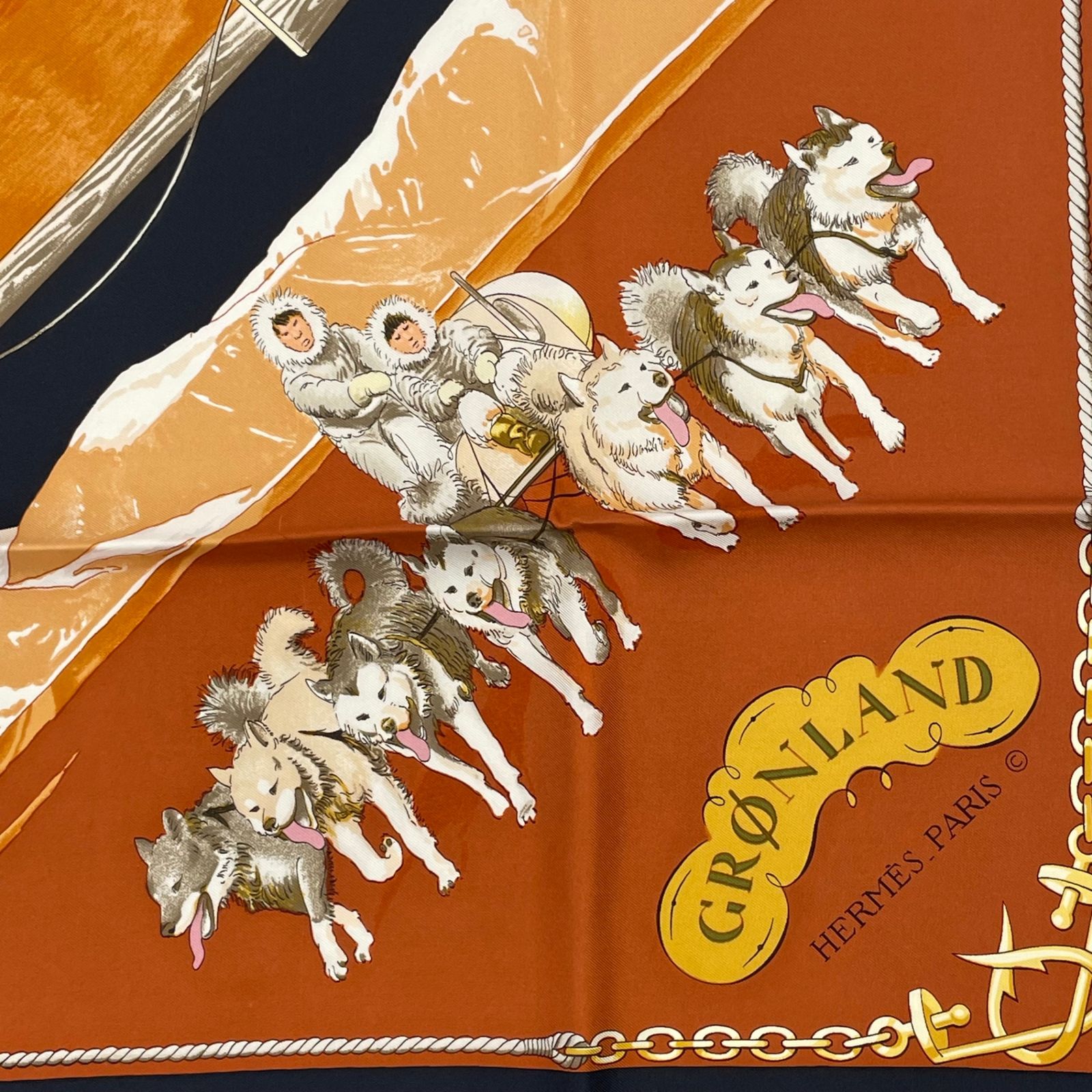 お値下げ◆HERMES スカーフ カレ90 グリーンランド 犬ぞり イヌイット 極美品 HERMES エルメス カレ90 1982年 GRONLAND グリーンランド