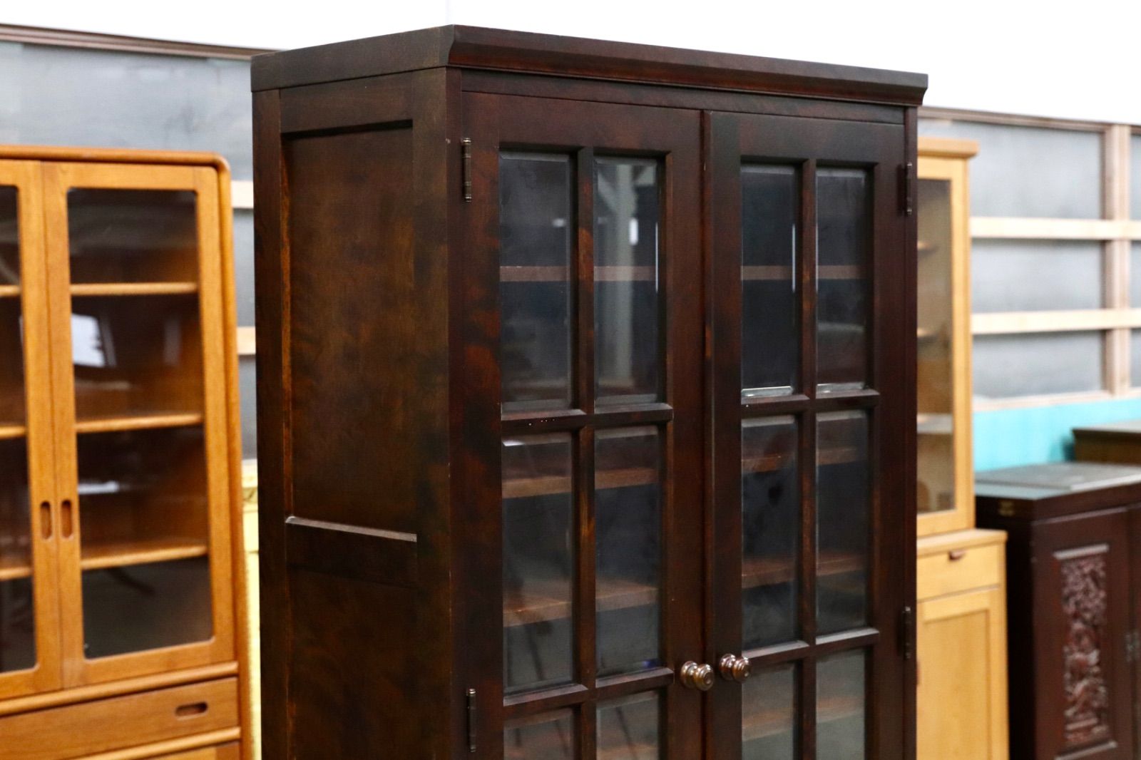 GMIS289B 北海道民芸家具 本棚 キャビネット 飾り棚 本箱 ブックキャビネット 樺材 民藝 アンティーク 飛騨産業