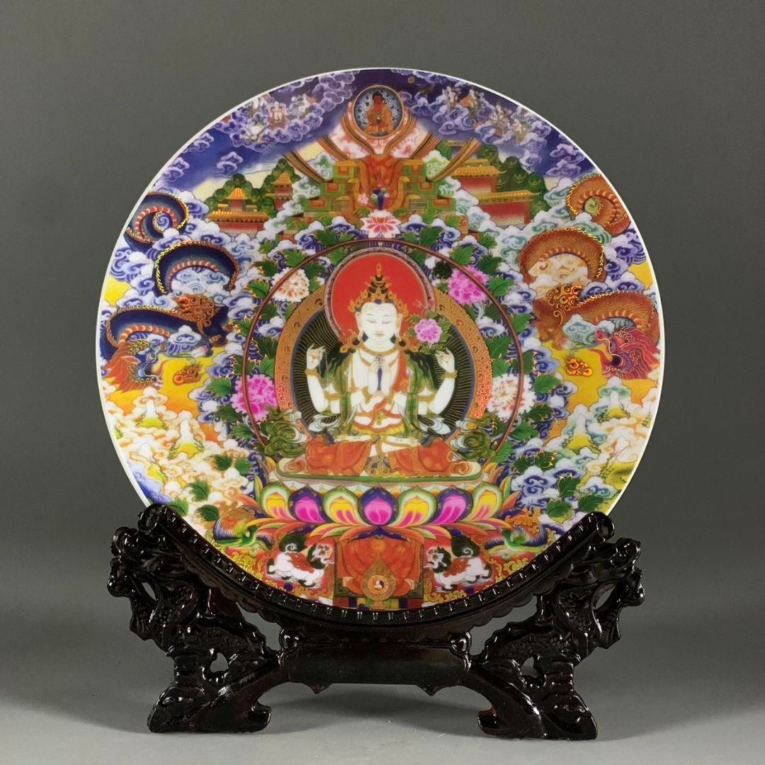 蒔金龍紋タンカ風水磁盤置物 景徳鎮 陶磁器 装飾品 現代工芸品