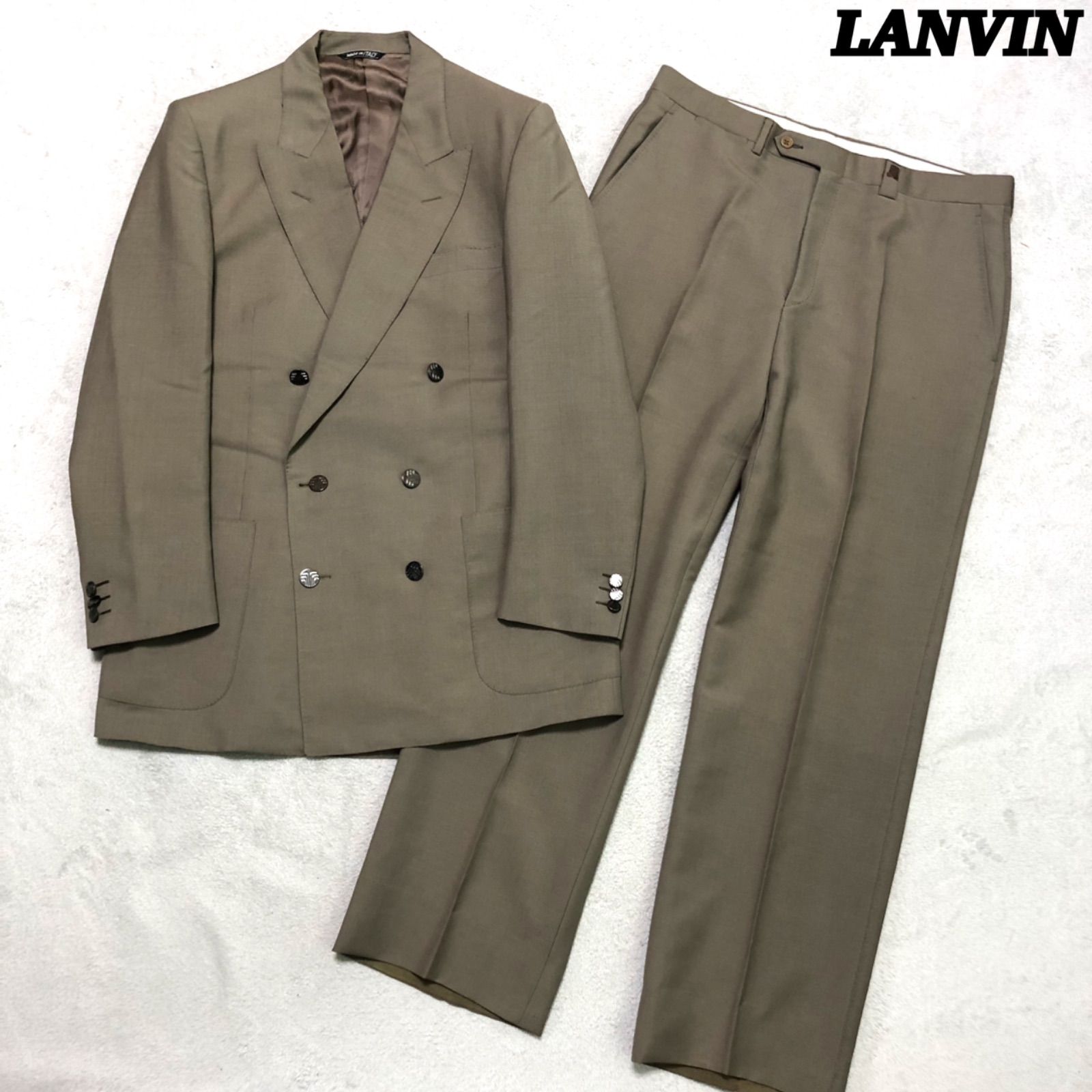 LANVIN イタリア製 セットアップ スーツ ダブルブレスト モヘア メタルボタン ロゴ刻印 総裏 50サイズ ベージュ系 ランバン