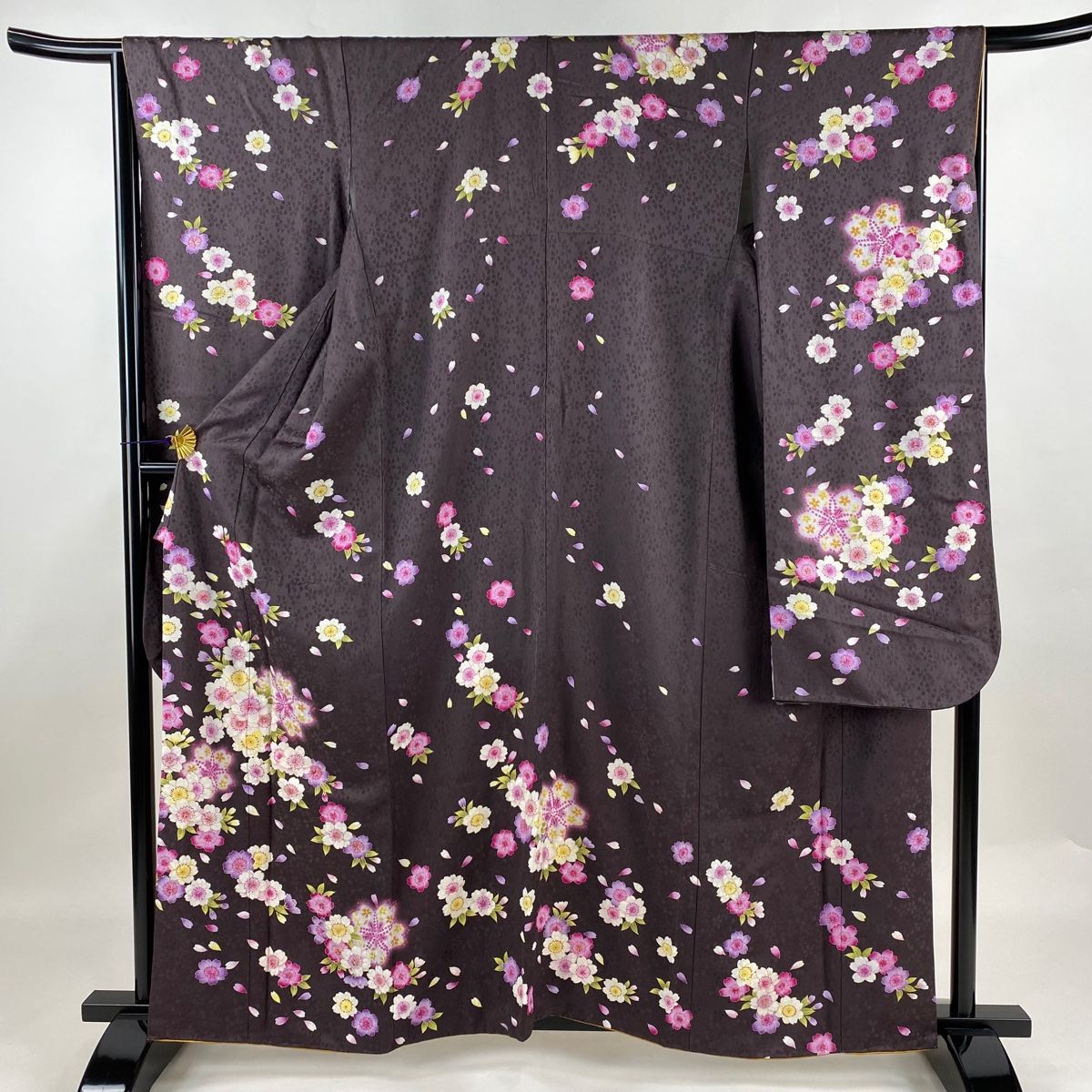 振袖 身丈160cm 裄丈66cm M 袷 桜 ラインストーン 金彩 茶紫 正絹 名品