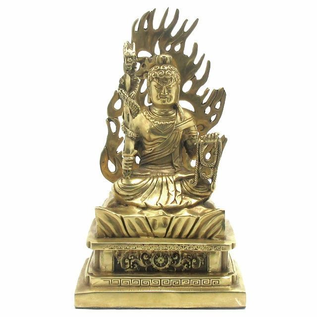 ☆柘植材 角台座 不動明王 5.0寸 生地仕上 火炎光背 新品未使用