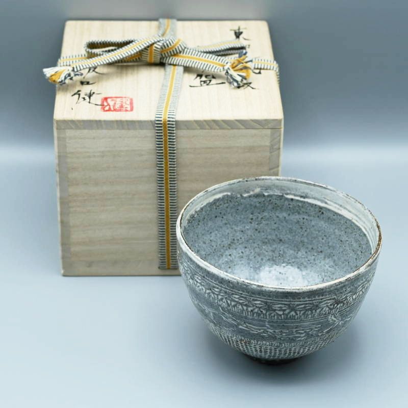 坂口健 作 東御土風紋 三島 茶碗 器 共箱 共布 民藝陶器 M08