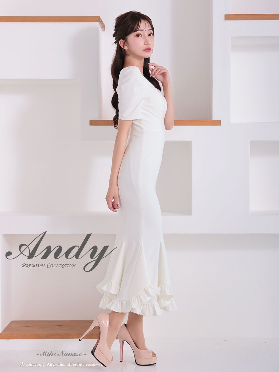 ホワイトM OF05 ON2918-W-2503 ANDY アンディ パフスリーブ 袖あり バストシアー 裾フリル スリット マーメイド ミディアムドレス キャバドレス