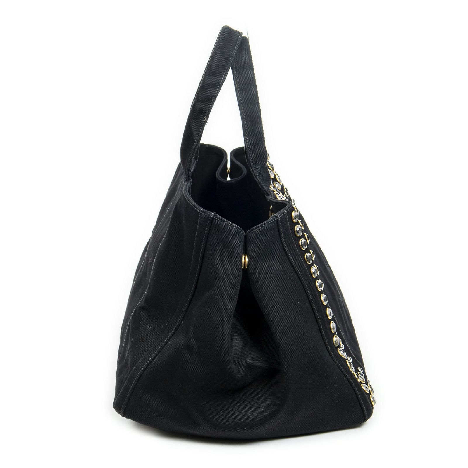 PRADA プラダラージラインストーンカナパトート黒スタッズカナパキャンバスA