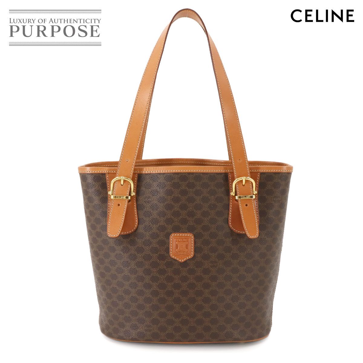 セリーヌ CELINE マカダム ハンド バッグ PVC レザー ブラウン ゴールド 金具 ヴィンテージ Macadam Bag 90282221