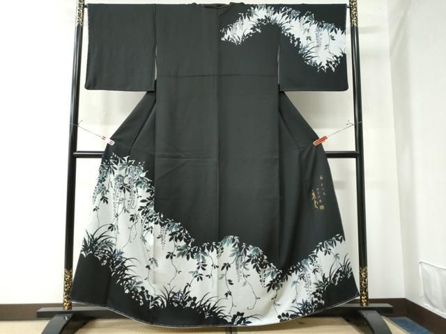 平和屋着物●訪問着 作家物 枝垂れ花文 シルエット 黒地 さが美扱い 正絹 CAAW8207yc