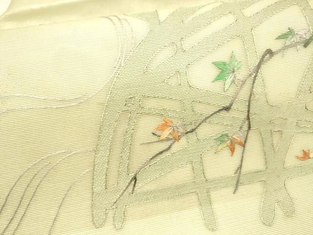 平和屋着物＊夏物　九寸名古屋帯　作家物　刺繍　流水籬草葉文　銀糸　正絹　逸品　DAAX5959cm 平和屋着物＊夏物 九寸名古屋帯 作家物 刺繍 流水籬草葉文 銀糸 正絹
