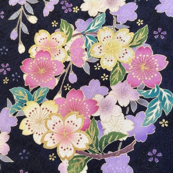 振袖フルセット(7点)・濃紺・古典柄・飛鶴・金駒刺繍・舞桜