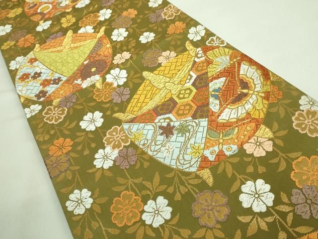 平和屋着物□極上 西陣 河合美術織物謹製 六通柄袋帯 唐織 糸車 花蝶文