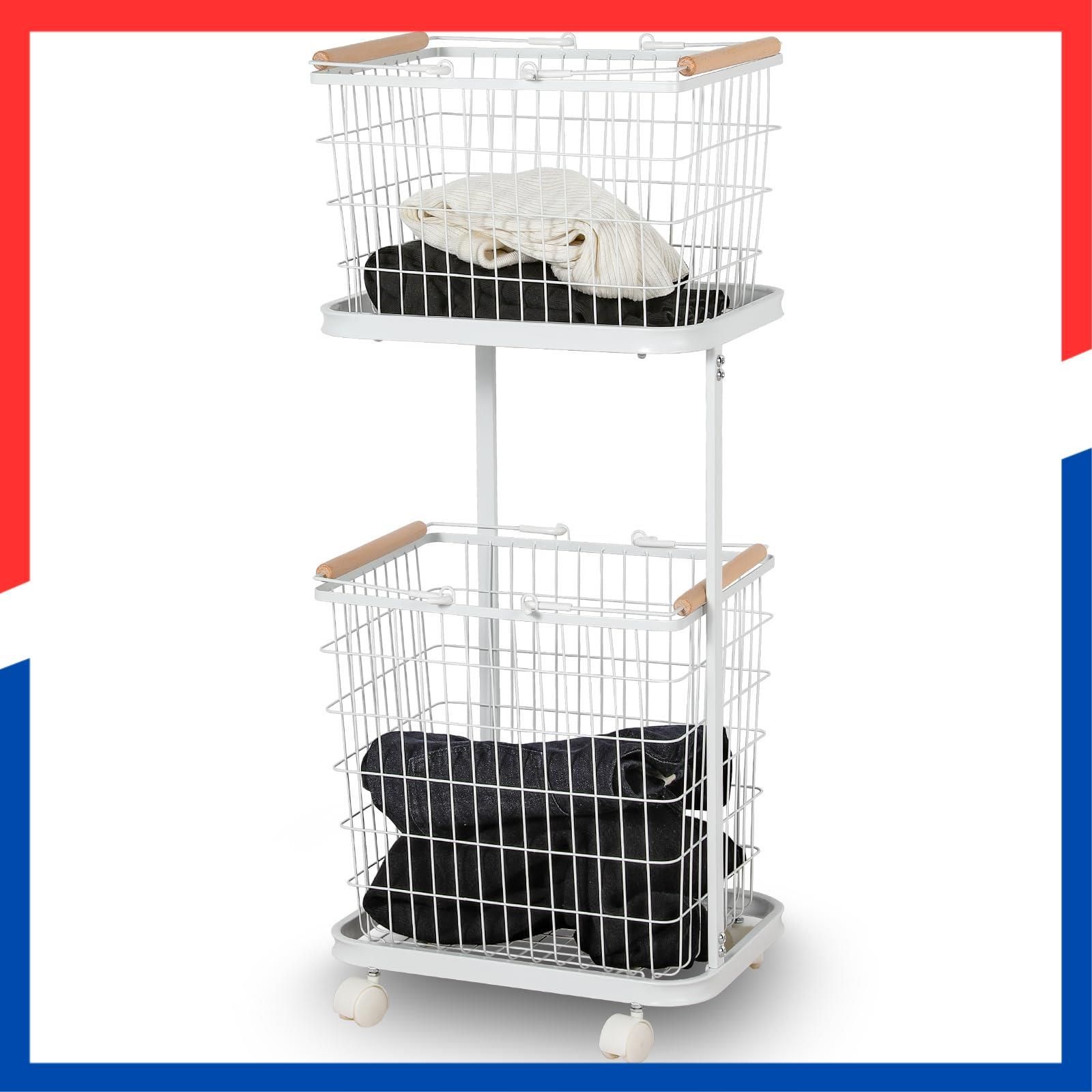 在庫処分 ホワイト 通気性いい 取り外しバスケット 収納ラック 持ち手付き キャスター付き ランドリー収納 洗濯物収納 2段 大容量 ランドリーバスケット 洗濯かご Saiveina