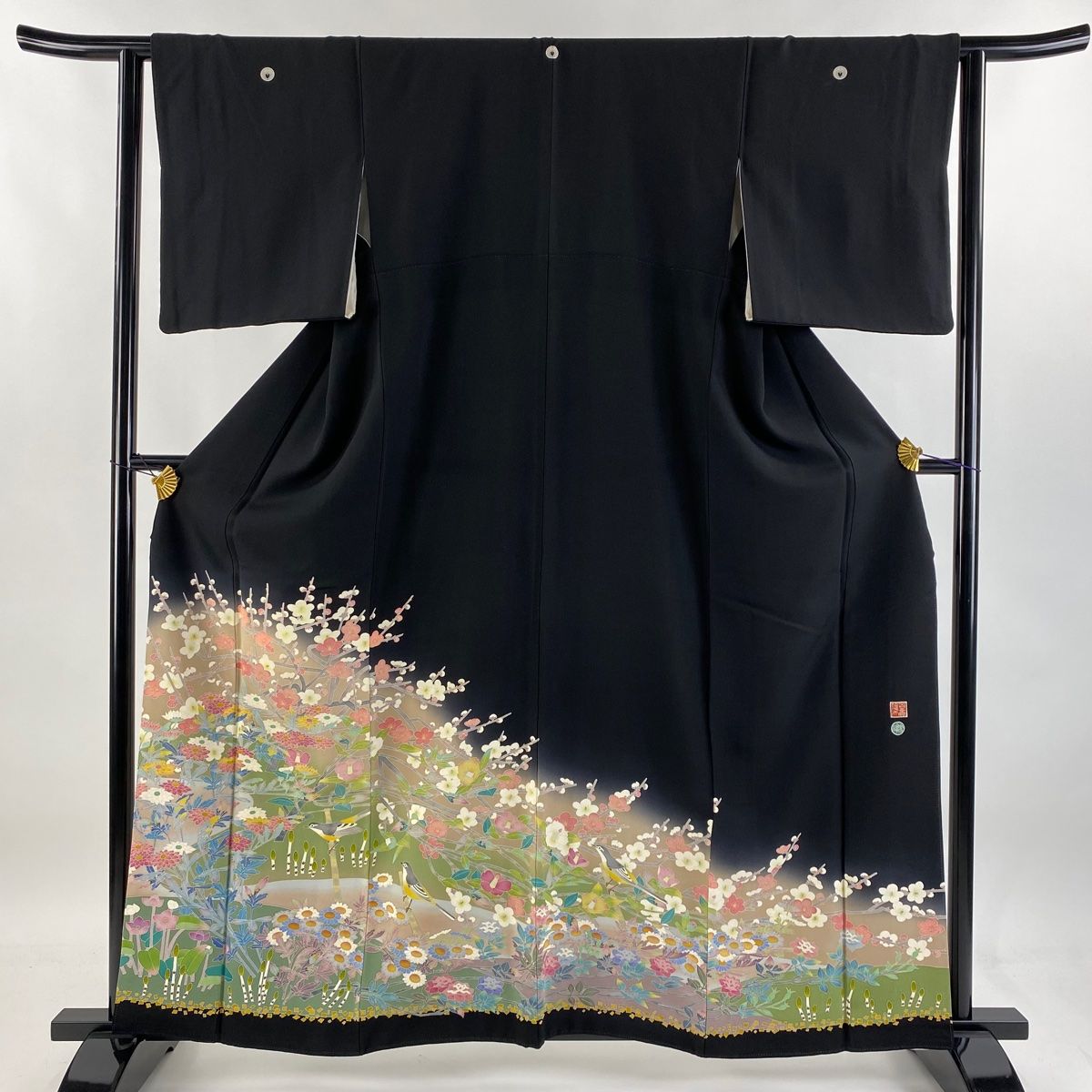 黒留袖 身丈161cm 裄丈63cm S 袷 百貫華峰 落款 枝梅 鳥 黒 正絹