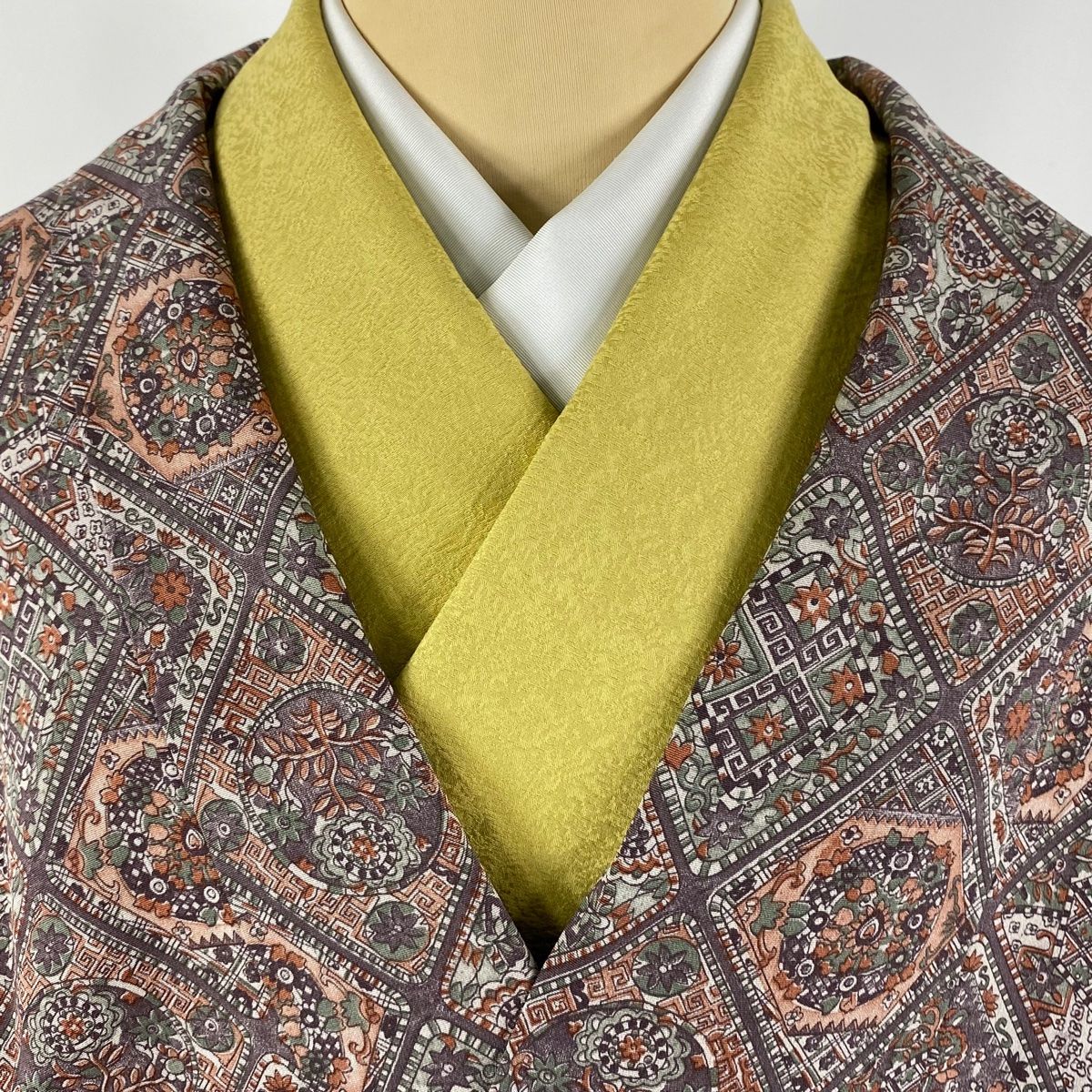 道中着 身丈108cm 裄丈66cm M 和装コート 草花 菱格子 紫 正絹 美品  