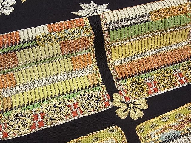 平和屋本店□最高級 龍村平蔵製 六通柄 本袋帯 唐織 威毛錦 黒地 金  